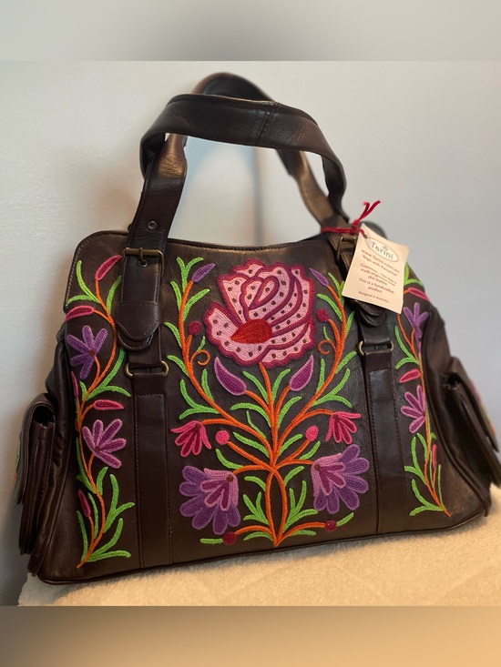 Tarini Handbags - Tarini Hand Embroidered Floral Leather Tote Bag in Black
